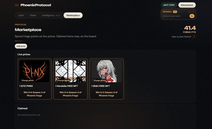 PhoenixProtocol's Marketplace interface showing 41.4 Forge Points balance and three live prizes—1 GTD PHNX, 1 Heradlia FREE NFT, and 1 Shiki FREE NFT—all winnable in Season 4 of Phoenix Forge, with the user's disc-ord username "ANTT TONY" connected via wallet.