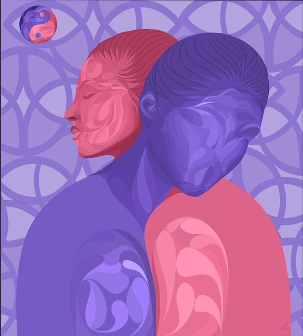 A digital illustration of two stylized figures with faces rendered in pink and purple tones, set against a mandala-patterned background with a yin-yang symbol in the upper left corner.