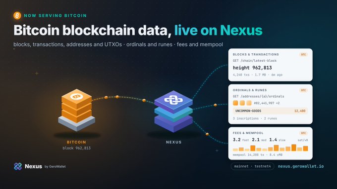 The image is a promotional graphic for Nexus by GeroWallet, announcing "Bitcoin blockchain data, live on Nexus," with an illustration showing data flowing from Bitcoin block #962,813 into Nexus, which exposes endpoints for Blocks & Transactions, Ordinals & Runes (e.g., UNIOMON-6000S inscribed 12,480 times), and Fees & Mempool (3.2 BTC fees, 2.1 MB mempool). This visually reinforces the post's message that Nexus is a comprehensive Bitcoin API alternative offering blocks, transactions, UTXOs, Ordinals, Runes, fees, mempool, and tx broadcast via REST, OpenAPI, and TypeScript SDK.