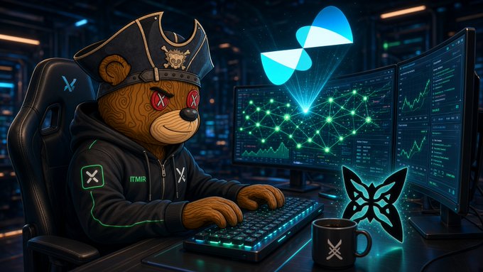 A digital illustration shows a bear character wearing a pirate hat and a hoodie labeled 'ITMIR', sitting at a keyboard with glowing green lights, surrounded by monitors displaying financial charts and a butterfly logo.