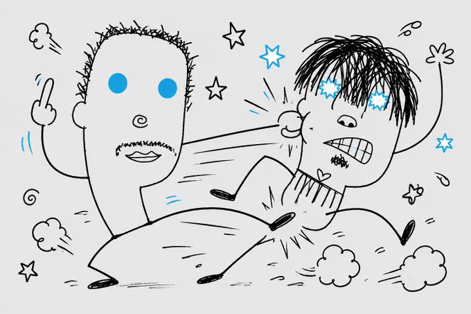 A cartoon-style illustration shows a stick figure with spiky hair punching another figure in the face, who has stars and bruises around their eyes. The image humorously captures the chaotic, "fighting over limited spots" energy of the post, which is announcing a last-minute Robinado mint and checking on whether anyone was unfairly left out of the guaranteed (GTD) list.