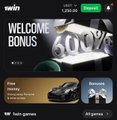 A dark-themed mobile game or app store listing for 'sinders' featuring a 'WELCOME BONUS' banner, a luxury car image labeled 'TANK', and a 'CASINO' game icon.