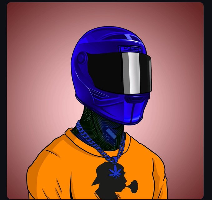 A digital illustration of a figure wearing a blue motorcycle-style helmet with a black visor, an orange t-shirt, and a blue chain with a marijuana leaf pendant, set against a reddish-pink background.