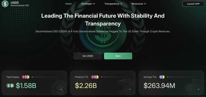 A website screenshot for USDD Decentralized USD with the tagline "Leading The Financial Future With Stability And Transparency," showing Total Supply of $1.58B, Protocol TVL of $2.26B, and Savings TVL of $263.94M.