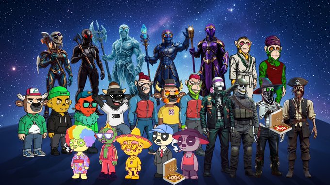 An illustration of a diverse group of characters, with each character having different poses for a photo. They are shown next to one another on an image with their backs turned towards the viewer, giving prominence to some characters while others appear smaller or obscured by their peers. The background features stars and planets, suggesting that they might be taking a picture at a space theme party. This post appears to be related to "Go claim Delegation rewards @_DigitalDynamix got you covered #FlareFam!"