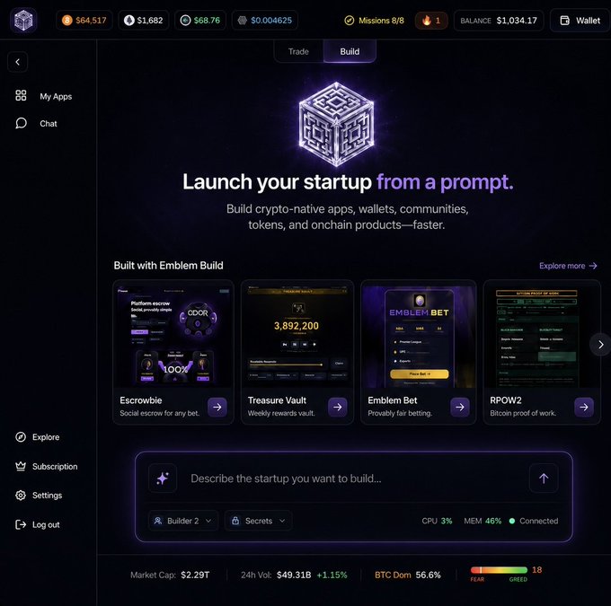 Screenshot of the Emblem Vault platform showing a 'Build' interface to 'Launch your startup from a prompt', displaying app examples like Escrowbie, Treasure Vault, Emblem Bet, and RPOW2, with a balance of $1,034.17 and crypto prices at the bottom.