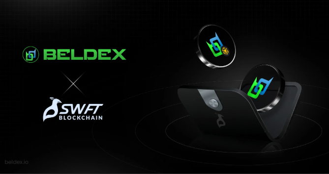 A promotional graphic on a black background displays the logos "BELDEX" and "SWFT BLOCKCHAIN" separated by an X, alongside a stylized device with digital tokens bearing the Beldex logo. The URL "beldex.io" appears in the bottom left corner.