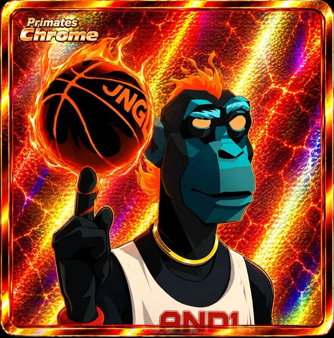 A digital collectible artwork titled 'Primates Chrome' depicts a blue-furred ape character with orange flaming hair spinning a flaming basketball labeled 'PNG' against a fiery, lava-textured background.