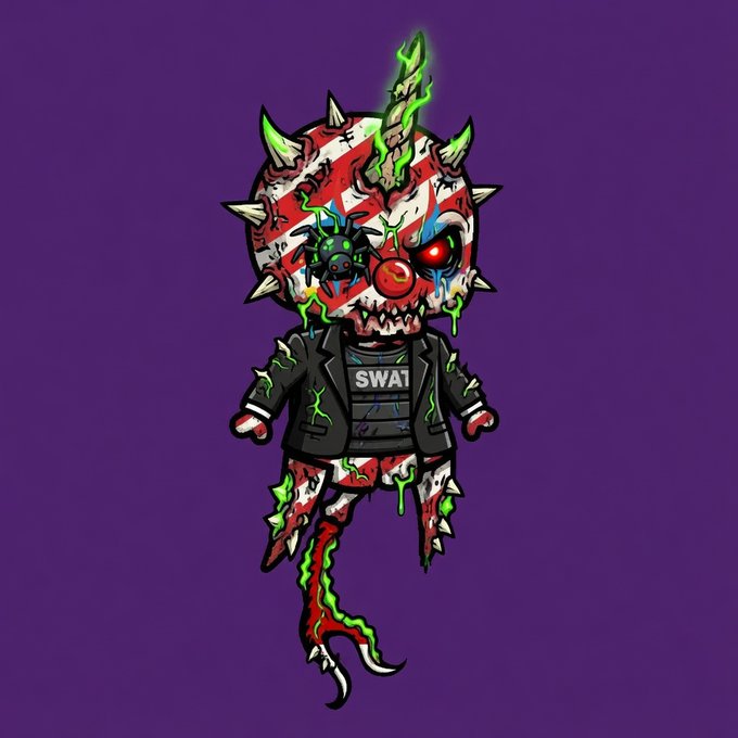 A sinister mutant clown with spiked horns, glowing green accents, and a mechanical red eye wears a tactical vest labeled "SWA1" against a purple background, fitting the "Re-Animated Dead" NFT collection referenced in the post promoting their giveaway and OpenSea mint.