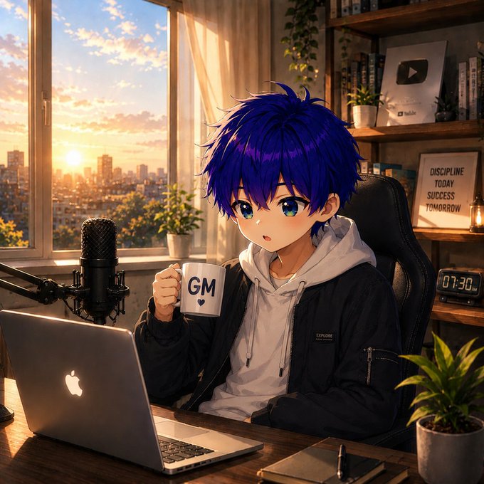 An anime-style illustration of a blue-haired boy holding a white mug that says 'GM' with a blue heart, sitting at a desk with a laptop and microphone in front of a window showing a sunset cityscape.