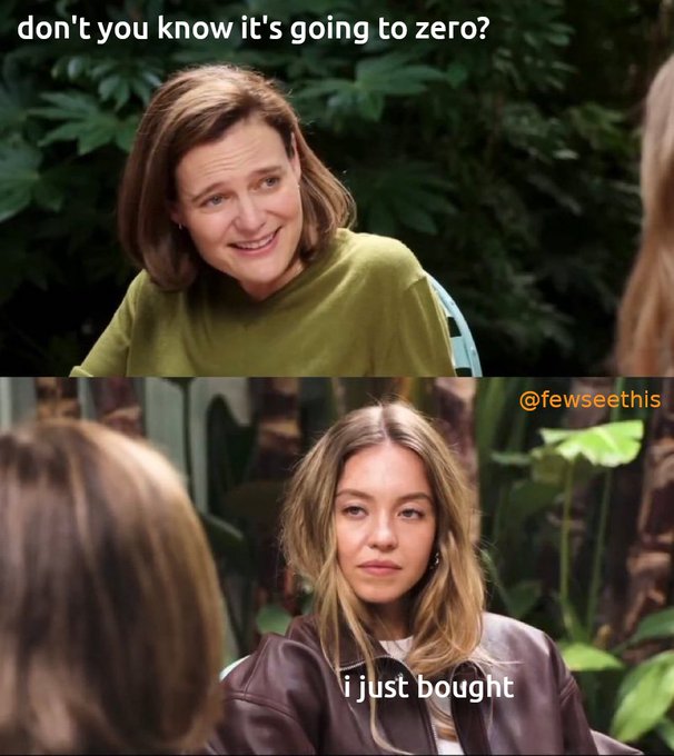 A two-panel meme shows a smiling woman asking "don't you know it's going to zero?" in the top image, while a younger woman responds with a blank expression saying "i just bought" in the bottom image, captioned by @fewseethis. The meme mocks the classic "buy the dip" mentality against crypto crash predictions, with the post highlighting how the poster correctly warned followers to wait for a buying signal during Bitcoin's July dip to $57,777.
