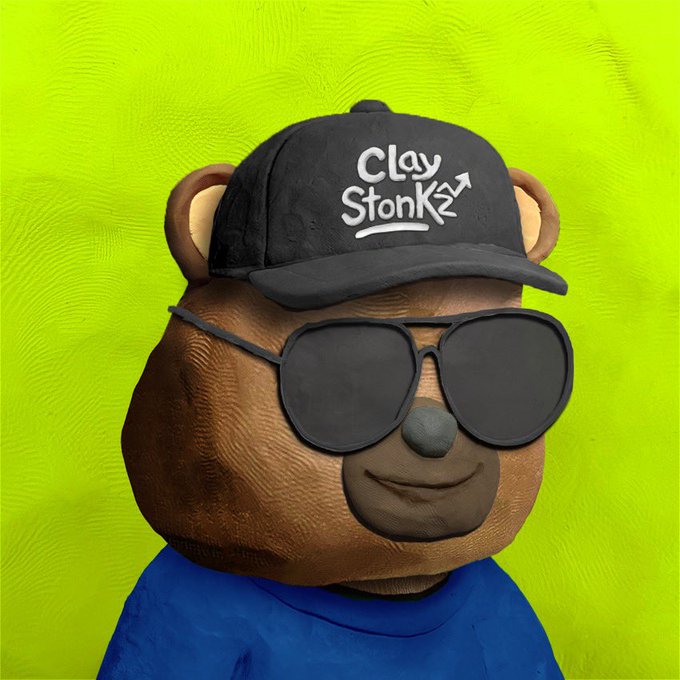 A 3D rendered brown bear character wears a black baseball cap reading 'Clay Stonks', sunglasses, and a blue shirt against a lime green background.