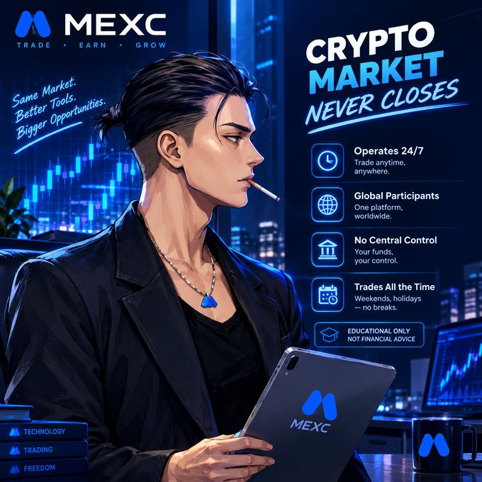 A promotional graphic for 'MEXC' features a stylized man with a cigarette alongside the slogan 'CRYPTO MARKET NEVER CLOSES' and features like 'Operates 24/7' and 'No Central Control.'