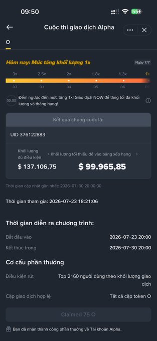 A mobile screenshot titled 'Cuộc thi giao dịch Alpha' showing trading volume tiers, a UID 376122883 result with $137,106.75 volume and $99,965.85 prize, and event times from July 23-30, 2026.
