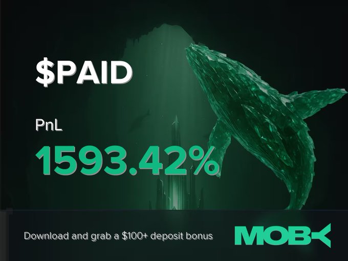A promotional banner for Moby Mobile displays a stunning underwater scene with a green whale swimming beneath a beam of light, showcasing a "$PAID" win alert with an impressive PnL of 1593.42%, along with a call-to-action to "Download and grab a $100+ deposit bonus" next to the Moby logo.