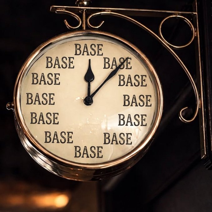 A vintage-style hanging clock with the word "BASE" repeated in place of traditional numbers around its face, with the hour and minute hands pointing near the top. The image plays on the post's "Time for @base" message, using the clock motif to emphasize the anticipation of $BASE going live.