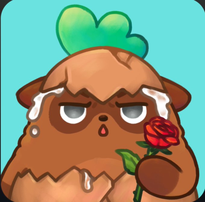 The image features a brown cartoon character with a flower in its mouth, holding a rose. The character appears to be crying or sulking due to the presence of the rose. The caption below the image reads "Market doing so bad that someone listed this epic Moku for bottom of the floor only @Moku_HQ @Ronin_Network @Hantao". This suggests that the post is about a market or product, possibly related to the character's emotions and actions in the image.
