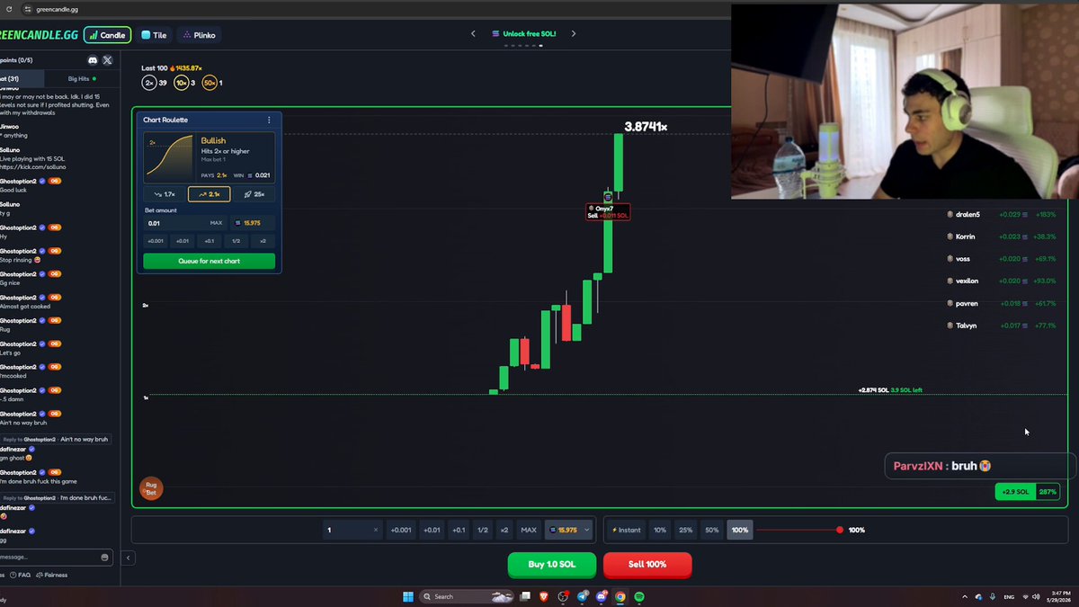 The image shows a computer screen displaying a stock chart with a price change, likely for a cryptocurrency or stock market indicator. The chart has a green line representing the price of a cryptocurrency, while the x-axis displays different time periods. A person wearing headphones is sitting in front of the computer and appears to be actively participating in an online trading session. They are using a chat window to communicate with someone else who might have information about the stock market or the cryptocurrency they're tracking. The post on social media indicates that the user has sent $100 to another person, possibly as part of their trading strategy or for some other reason related to the stock chart's fluctuations.