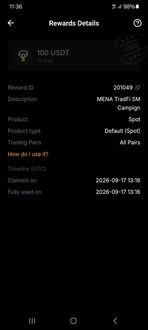 A Rewards Details screen showing a 100 USDT airdrop from the MENA TradFi SM Campaign (Reward ID 201049), claimed and fully used on 2026-09-17 13:16.