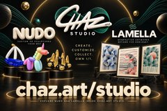 A promotional banner for 'Chaz Studio' featuring NFT collections 'NUDO' and 'LAMELLA' with the URL 'chaz.art/studio' displayed at the bottom.