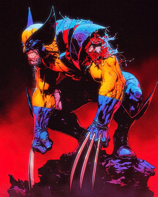 The image depicts a fierce, battle-scarred Wolverine crouched on rocky terrain, snarling with his iconic adamantium claws extended, rendered in vivid comic book style with vibrant blues, yellows, and a striking red backdrop. The dramatic, bloodied pose aligns with the post's theme of a "Final Charge," evoking the warrior's last stand in battle.