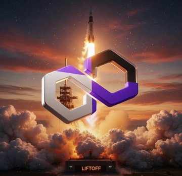 A rocket launching into a sunset sky with clouds, overlaid with a purple and white 3D hexagonal logo, with 'LIFTOFF' text on the launch pad below