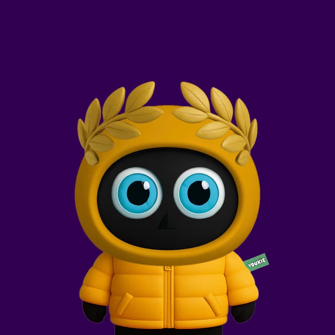 A 3D-rendered cartoon character wearing a yellow puffer jacket with a leaf crown, set against a purple background, with a small green 'YOUKE' tag.