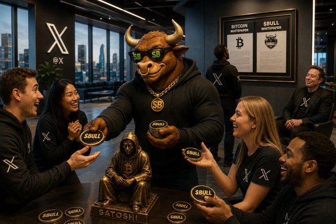 An AI-generated scene shows people in a modern office celebrating around a bull-headed figure wearing sunglasses and an SB chain, with a Satoshi statue and '$BULL' tokens visible.