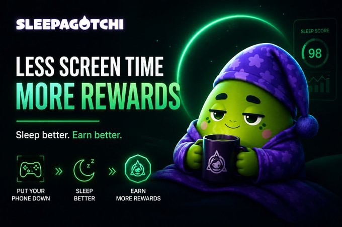 The image features a cartoon character wearing a purple robe with a green hat sitting on a bed while holding a cup of coffee. The background shows a dark night sky, and there are text elements related to gaming and sleep improvement. The main focus is on the cartoon character's message about prioritizing better sleep habits over excessive screen time for improved health and well-being.