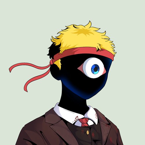 An illustration of an anime-style character with a black silhouetted face, a single large blue eye, spiky blonde hair, and a red headband, wearing a blood-spattered suit.
