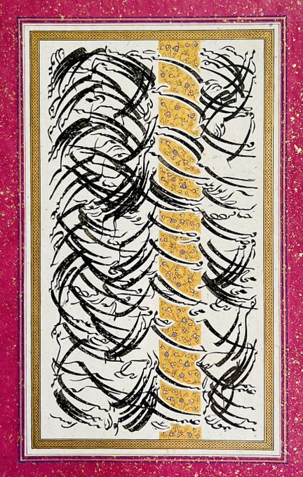 The image features a painting with a black and white color scheme that has a gold stripe running through it. The painting depicts a chaotic scene, which could be interpreted as a representation of the chaos or disorder present in the world. The golden stripe adds a touch of elegance and contrast to the overall composition. The post by @HomaVasiee is about "Golden Breath" by @objktcom, which might be related to the painting's theme or style.