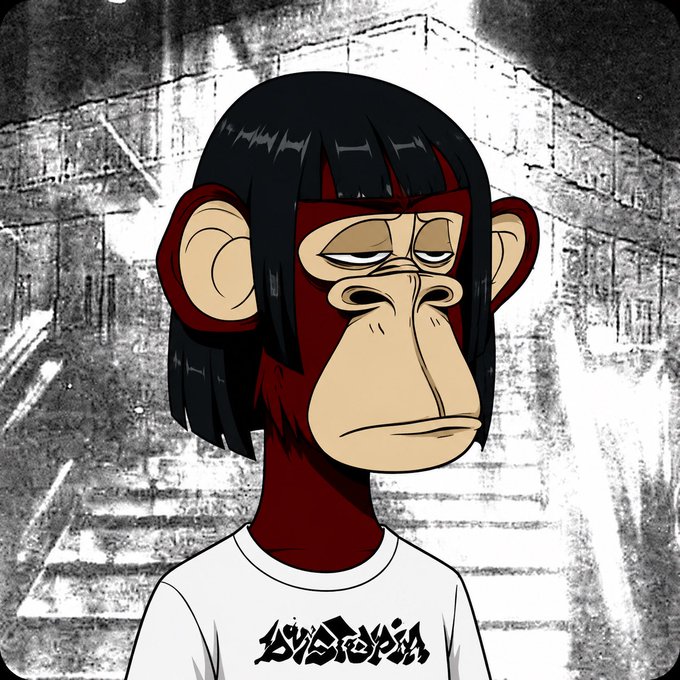 A cartoon monkey wearing a white t-shirt with stylized "NFTED" graffiti-style lettering stands against a gritty black-and-white urban backdrop, pairing the Bored Ape aesthetic with the bold slogan "MAKE NFTS GREAT AGAIN" to rally NFT culture.