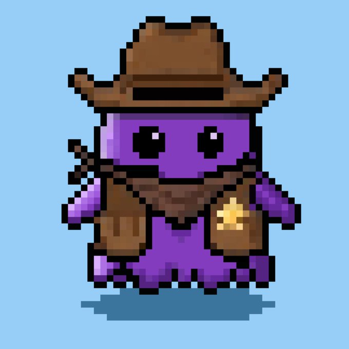 The image features a purple octopus wearing a cowboy hat, vest, and carrying a gun. The octopus has a big smile on its face, giving off a friendly vibe. The caption of the image reads "GM Sunshines Day #ETH #NFT #BlobsbyJW". This suggests that the octopus is part of an online community or event related to the GM Sunshines Day celebration.