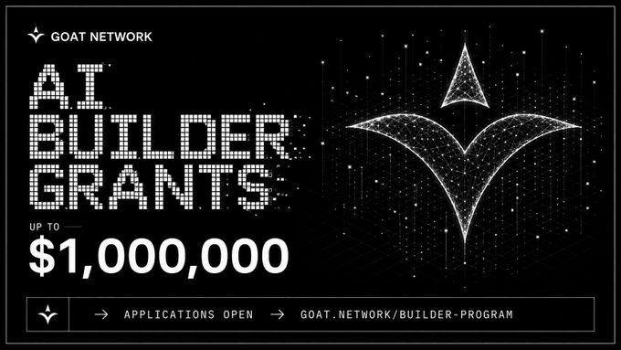 A promotional banner for 'GOAT NETWORK' announces 'AI BUILDER GRANTS' up to $1,000,000, directing viewers to goat.network/builder-program.