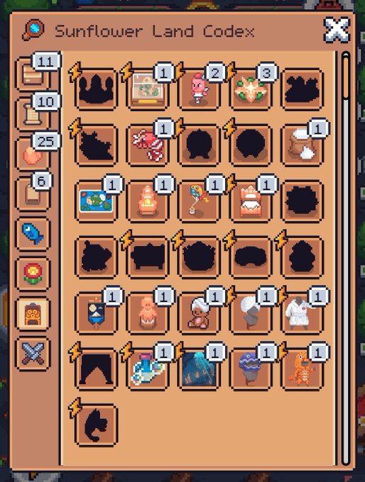 A screenshot of a video game menu titled "Sunflower Land Codex," displaying a grid of icons representing various items, creatures, and upgrades, many of which are shown as silhouettes.