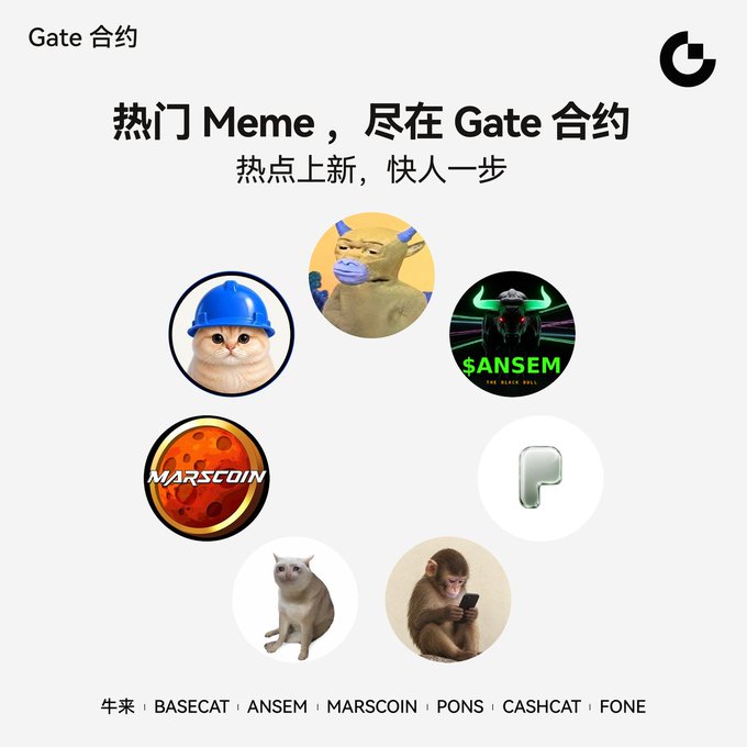 Gate合约 promotional image showcasing seven hot Meme coin contracts—BASECAT, ANSEM, MARSCOIN, PONS, CASHCAT, and FONE (with 牛来)—arranged in circular icons around the headline "热门Meme，尽在Gate合约 / 热点上新，快人一步."