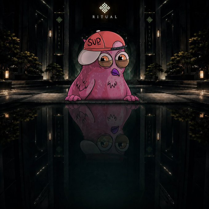 A stylized digital illustration of a pink bird-like character wearing a red "SUP" cap, set against a dark, reflective temple background with the "RITUAL" logo.