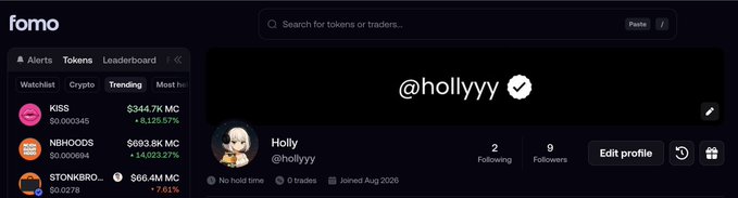 A dark-themed crypto dashboard shows a watchlist with tickers KISS, NBHOODS, and STONKBRO, alongside a profile for @hollyyy.