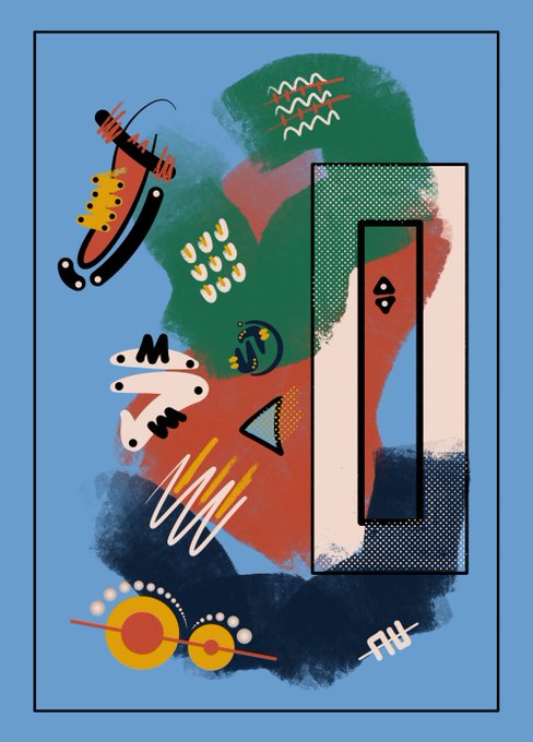 An abstract mixed-media artwork on a blue background featuring various colorful shapes, patterns, and brushstrokes.