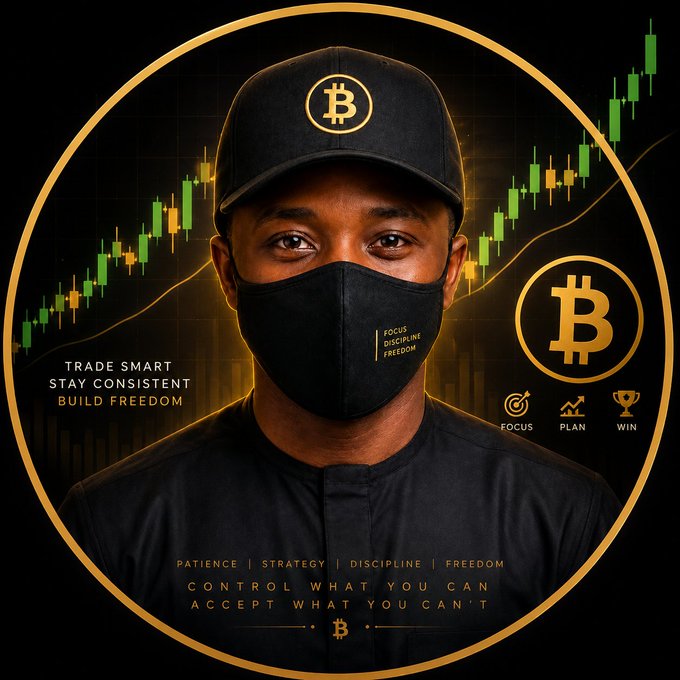 A promotional graphic features a man wearing a Bitcoin cap and 'FOCUS DISCIPLINE FREEDOM' mask, surrounded by candlestick charts and motivational text like 'TRADE SMART, STAY CONSISTENT, BUILD FREEDOM' and 'PATIENCE | STRATEGY | DISCIPLINE | FREEDOM'.