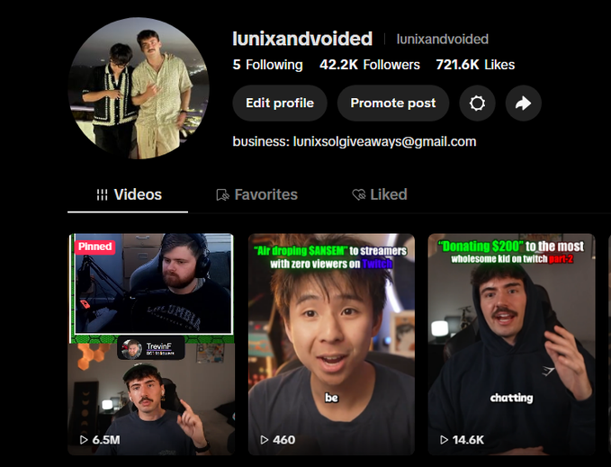 The image shows the TikTok profile of @lunixandvoided, featuring two individuals with the username and an email address for business inquiries. The pinned video prominently displays text related to "Air dropping $ANSEM to streamers with zero viewers on Twitch," directly referencing the content mentioned in the accompanying post.