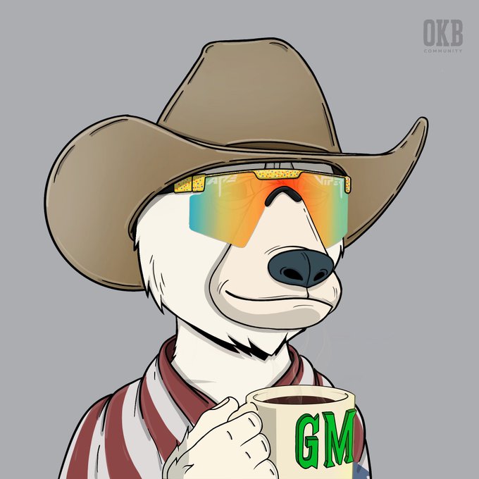 An illustration of a white bear wearing a cowboy hat, reflective sunglasses, and a striped shirt, holding a mug labeled 'GM' with the 'OKB Community' logo in the corner.