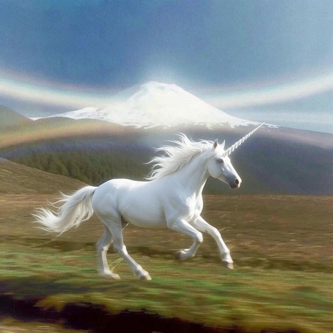 A fantasy illustration of a white unicorn with a flowing mane galloping across a grassy field with a snow-capped mountain and rainbow in the background.