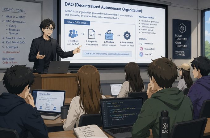 The image shows a classroom setting with a man standing at a podium giving a presentation or lecture to a group of people sitting in front of him, all wearing glasses. The room has a large screen displaying information related to DAO, which appears to be the main topic being discussed. There are several students and one laptop visible on the right side of the image, suggesting that they might be working on a project or learning about the DAO concept together.