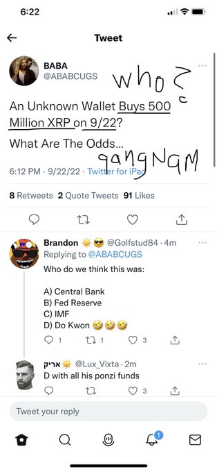 A Twitter screenshot showing a tweet by BABA (@ABABCUGS) stating 'An Unknown Wallet Buys 500 Million XRP on 9/22? What Are The Odds...', with handwritten annotations 'who?' and 'gonna' added to the image.