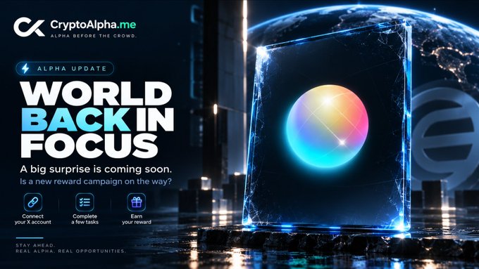 A promotional graphic for 'CryptoAlpha.me' with the headline 'WORLD BACK IN FOCUS,' teasing an upcoming reward campaign to connect an X account and complete tasks.