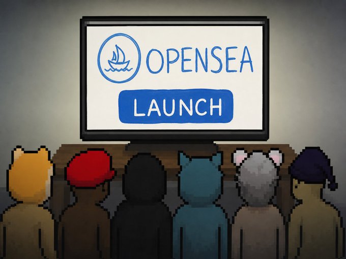 The image shows cartoon characters watching a TV screen displaying the "OPENSEA LAUNCH" logo with a sailboat icon, fitting the post's announcement of an OpenSea link coming soon and a launch countdown of 1 hour 20 minutes.