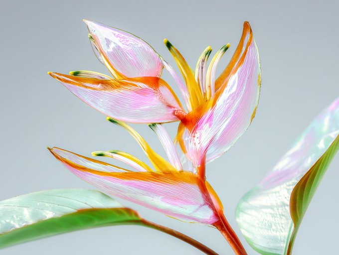 Close-up of a delicate pink and orange lily-like flower with translucent petals and green leaves against a light gray background.