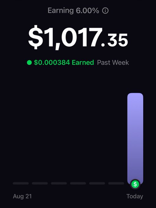 A financial app interface showing an account balance of $1,017.35 earning 6.00% APY, with $0.000384 earned in the past week.