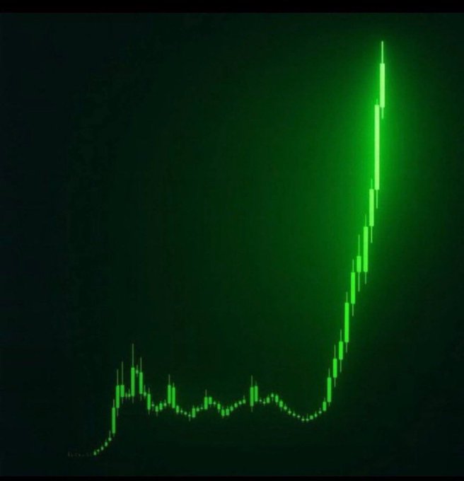 A glowing green candlestick chart on a black background shows a dramatic price spike, with relatively flat, low activity on the left transitioning into a steep, nearly vertical surge on the right—visually evoking the promise of an explosive "1000x memecoin" breakout. The image's intense green rally aligns perfectly with the post's hype, using the chart as visual "proof" of imminent gains to lure viewers into a private Telegram group linked in the poster's bio.